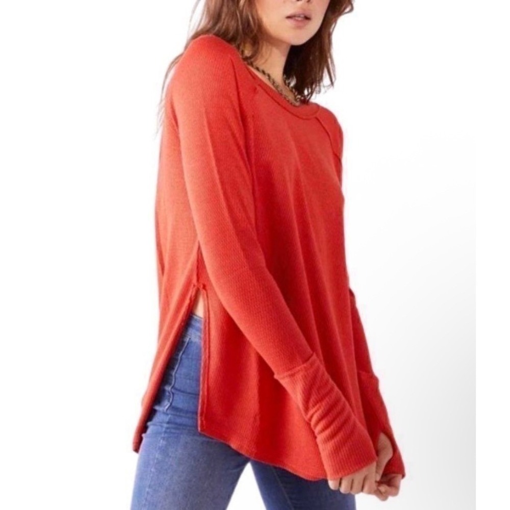 We The Free Free People Red Waffle Knit Thermal Top Side Slit XS